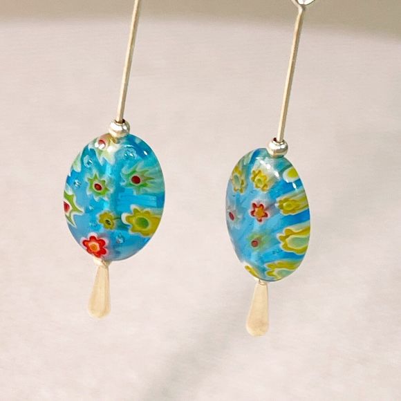 Two Inch Drop Sterling Silver Blue Millefiori Carnaval Earrings 2” Long - Picture 6 of 9